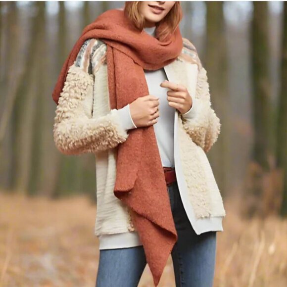 Anthropologie Ivory Sherpa Sweater Jacket Large Womens – Open Front Cozy Shacket - Picture 1 of 10